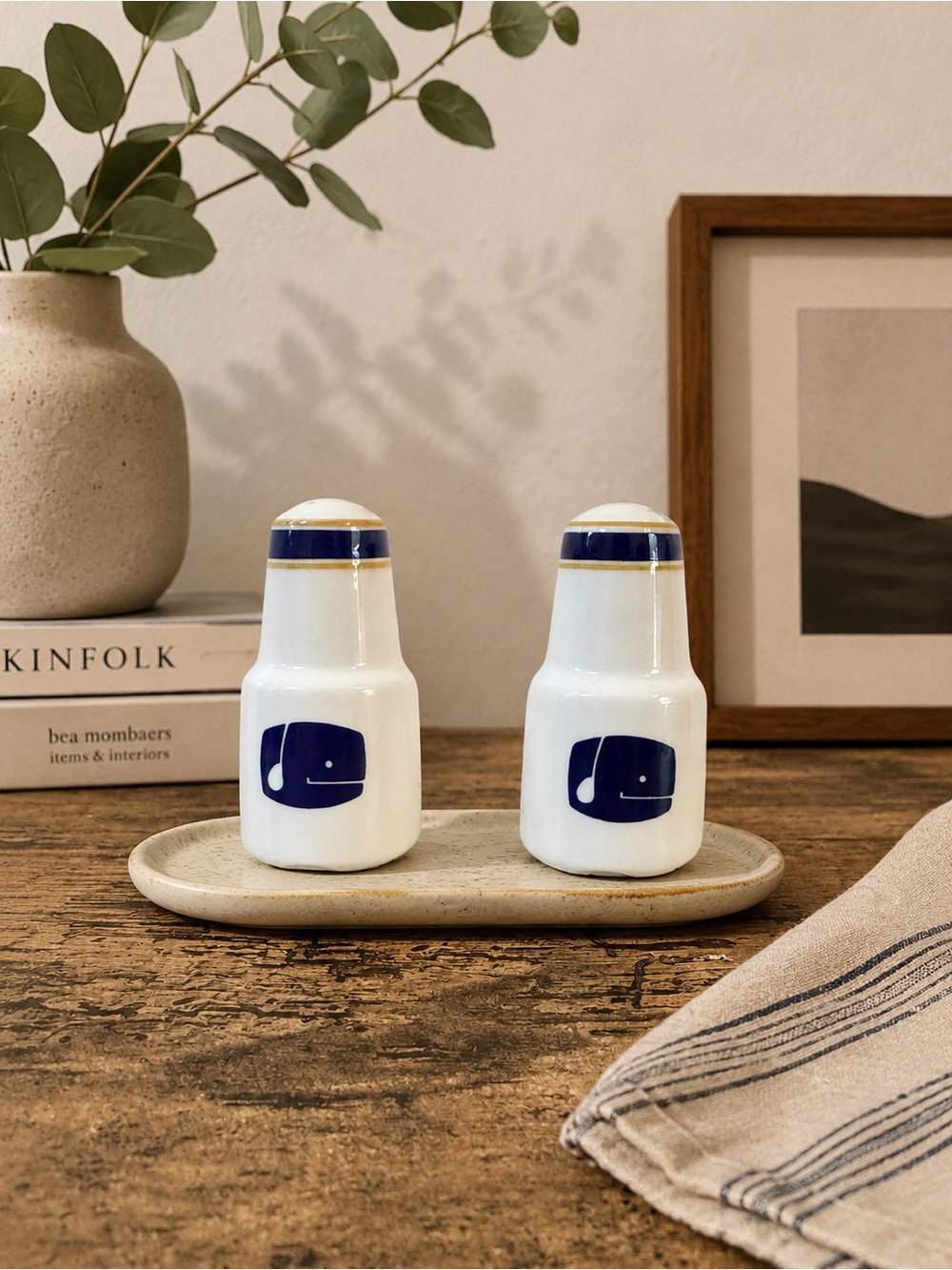 Vintage Whale Salt & Pepper Shakers | Blue & Gold Nautical Set